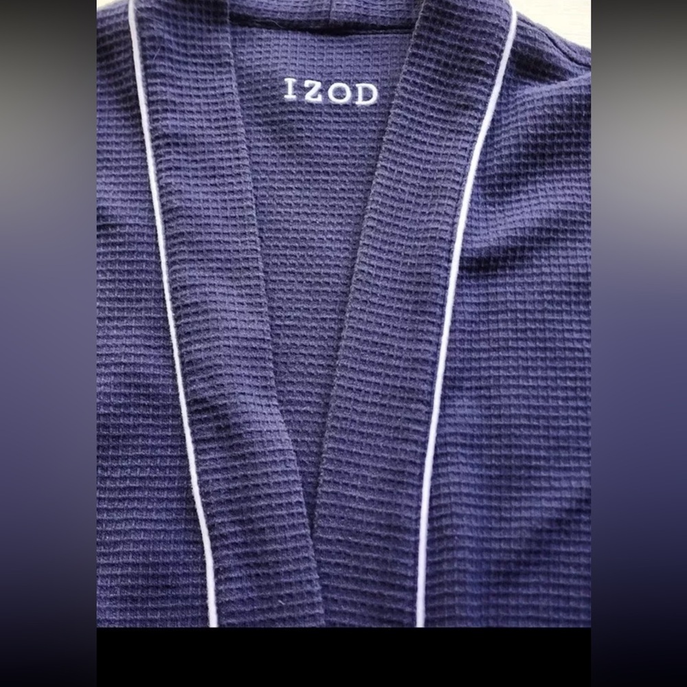 ROBE-IZOD-NAVY BLUE-WHITE TRIM-CLASSIC-ATTACHED TIE-LONG-WAFFLE-LONG SLEEVES - Picture 7 of 8